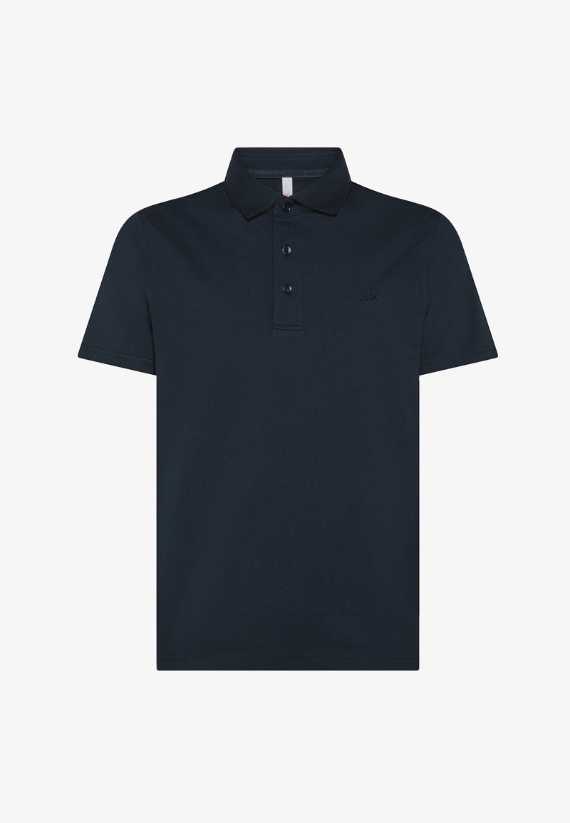 Polo shirt navy in cotone, caratterizzato da un collo con tre bottoni, maniche corte e un logo del brand ricamato sul petto.