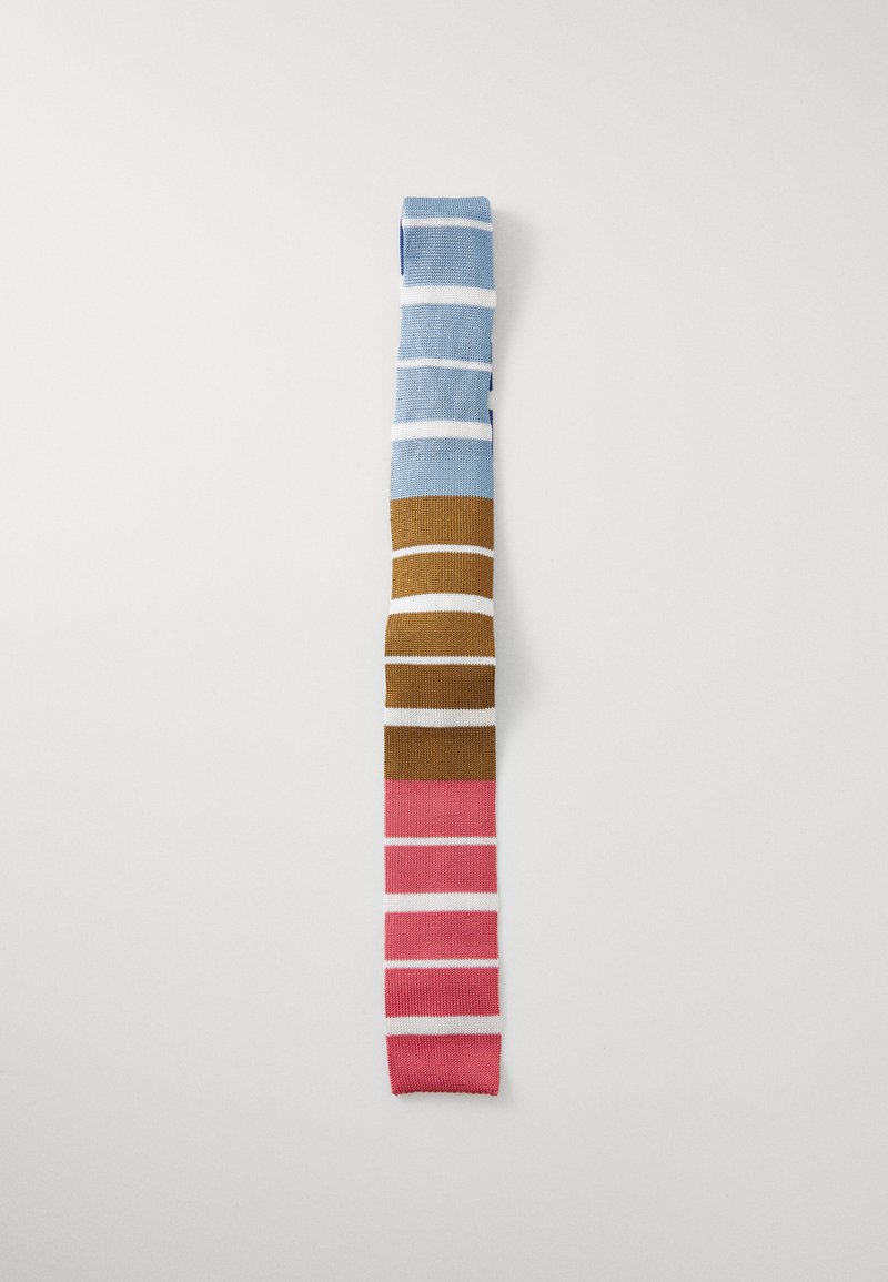 Striped tie featuring alternating sections of light blue, brown, pink, and white stripes. Made of woven fabric with a smooth texture.