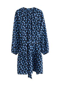 Tummansininen mekko vaaleansinisellä sydänkuviolla, pitkät puffihihat, kerätty pääntie ja kerroksellinen helma.