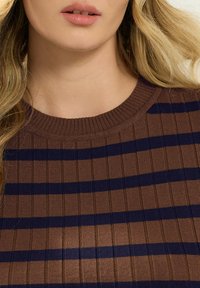 Brązowy sweter z prążkowanym splotem i poziomymi granatowymi paskami, z okrągłym dekoltem i miękką fakturą materiału. Zbliżenie na dekolt i wzory.