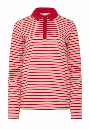 Polo a maniche lunghe rosa con strisce orizzontali rosse e colletto e pattina dei bottoni rossi uniti.