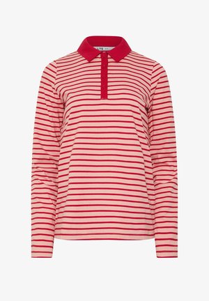 Roze poloshirt met lange mouwen, rode horizontale strepen en een effen rode kraag en knoopsluiting.