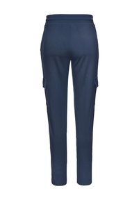 Navy cargo pants featuring a smooth fabric, tapered legs, and two side pockets, designed with an elastic waistband for comfort.