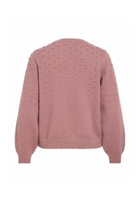 Pull tricoté mauve avec motifs en relief de points dans le dos et sur les manches, avec poignets et ourlet côtelés.