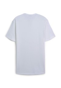 T-shirt bianco in cotone, colletto rotondo, maniche corte, vestibilità rilassata, texture liscia, colore uniforme senza motivi o dettagli visibili.