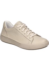 Beige leather sneaker with flat lace-up design, rounded toe, and textured rubber sole. Features stitched accents along the side.