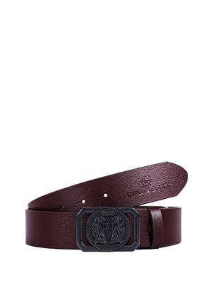 Brown leather belt with a textured surface, featuring a rectangular black metal buckle with two horse designs and logo detail.