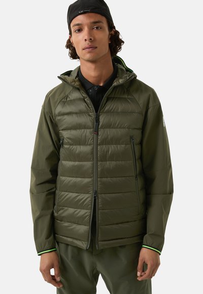 Olive green puffer jacket with a zip front, zippered pockets, ribbed cuffs with green accents, and a hood. Smooth, lightweight fabric.