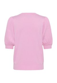 Měkký růžový pletený top s nafouklými krátkými rukávy a žebrovanými manžetami, zobrazený zezadu na jednoduchém bílém pozadí.