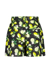 Zwarte shorts met een citroen- en bloemenprint, voorzien van een elastische tailleband met trekkoord. Gemaakt van lichtgewicht stof en heeft een relaxte pasvorm.