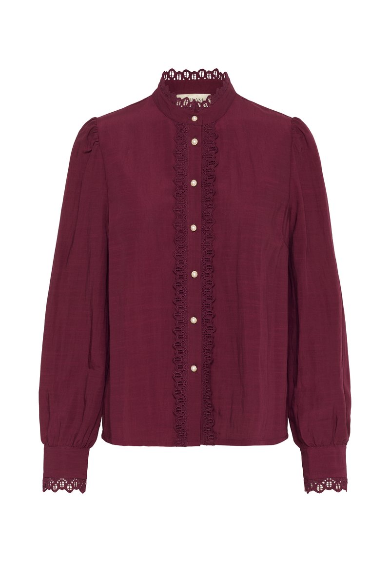 Bordowa bluzka z długimi bufkami, koronkowym wykończeniem dekoltu oraz zapięciem na guziki z perłowymi akcentami z przodu. Miękka struktura.