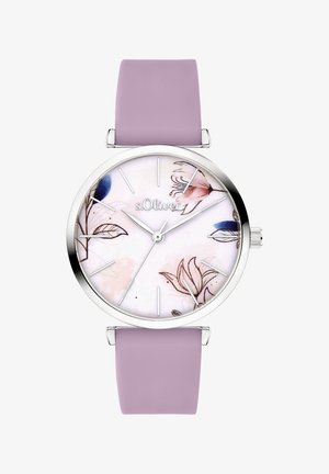 Ronde s.Oliver-horloge met een zilverkleurige metalen kast, roze wijzerplaat met bloemenpatroon en een licht lavendelkleurige siliconen band. Klassieke uurmarkeringen, minimalistisch ontwerp.