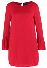 Robe rouge à manches longues avec poignets évasés et encolure ronde dotée d’une petite fermeture bouton au dos.
