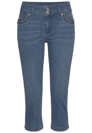 Denim capri pants in medium blue featuring a high waist, double-button closure, front pockets with decorative stitching, and a straight leg.