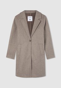 Cappotto beige in misto lana a un petto con rever a punte, due tasche a welt anteriori e chiusura con un bottone, taglia piccola.