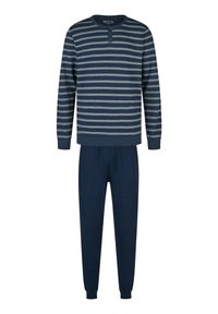 Navy gestreepte lounge set met een longsleeve top met een ronde hals en twee knopen, gecombineerd met bijpassende, taps toelopende broek met elastische boorden.