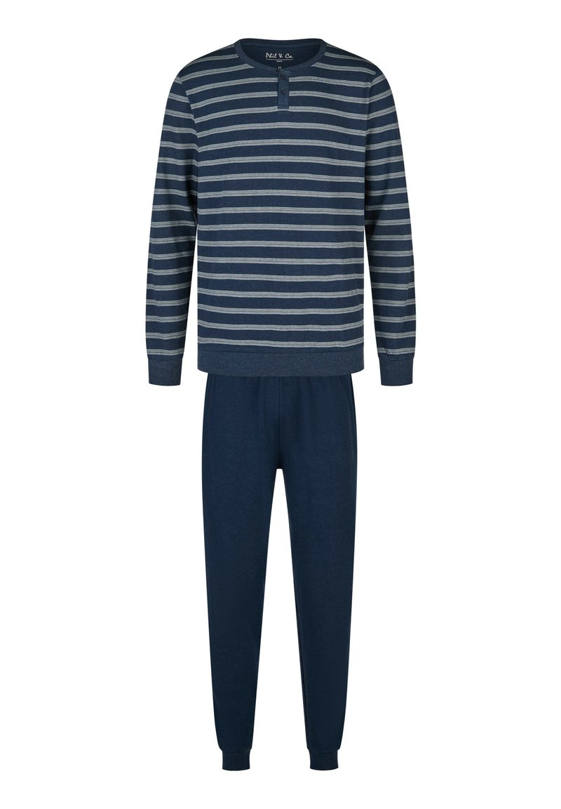 Navy gestreepte lounge set met een longsleeve top met een ronde hals en twee knopen, gecombineerd met bijpassende, taps toelopende broek met elastische boorden.
