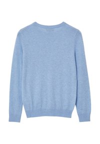Maglione azzurro chiaro realizzato in morbido tessuto a maglia, con scollatura tonda, maniche lunghe e orlo a coste. Texture liscia senza motivi visibili.