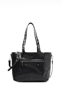 Borsa tote in pelle nera con doppio manico, tasca frontale con zip, borchie argentate sui manici e superficie liscia. Inclusa tracolla regolabile.