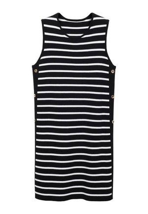 Prúžkované šatové šaty bez rukávov v čierno-bielej farbe, vyrobené z mäkkého materiálu, s zlatými gombíkmi na bokoch a voľným strihom.