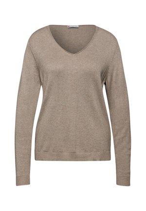 Maglione a maniche lunghe beige a V con polsini e orlo a coste, esposto su uno sfondo bianco piatto.