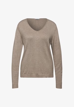 Maglione a maniche lunghe beige a V con polsini e orlo a coste, esposto su uno sfondo bianco piatto.