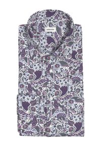 Maglietta a maniche lunghe con un motivo floreale dettagliato in viola, blu e bianco su uno sfondo grigio. Il materiale sembra essere cotone.