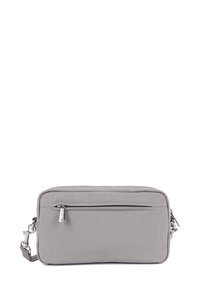 Borsa a tracolla grigia in tessuto con una texture liscia, forma rettangolare, tasca con zip frontale e tracolla regolabile con dettagli in metallo argentato.