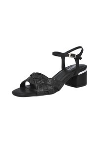 Sandalias negras de tacón alto con un diseño de tiras anchas, hechas de material suave. Presentan tiras cruzadas adornadas con pequeños destellos y tacón cuadrado.