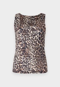 Majica bez rukava s uzorkom leoparda u nijansama smeđe i crne boje, izrađena od glatkog, laganog materijala i s ovalnim izrezom.