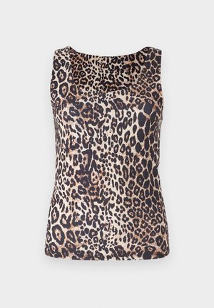 Top fără mâneci, cu un model de leopard în nuanțe de maro și negru, realizat dintr-un material neted și ușor, având un decolteu rotund.