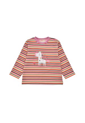 Langarmgestreiftes Hemd in Pink, Weiß, Orange und Grün. Verfügt über ein Einhornmotiv und Knopfakzente an der Schulter. Aus weichem Baumwollmaterial.