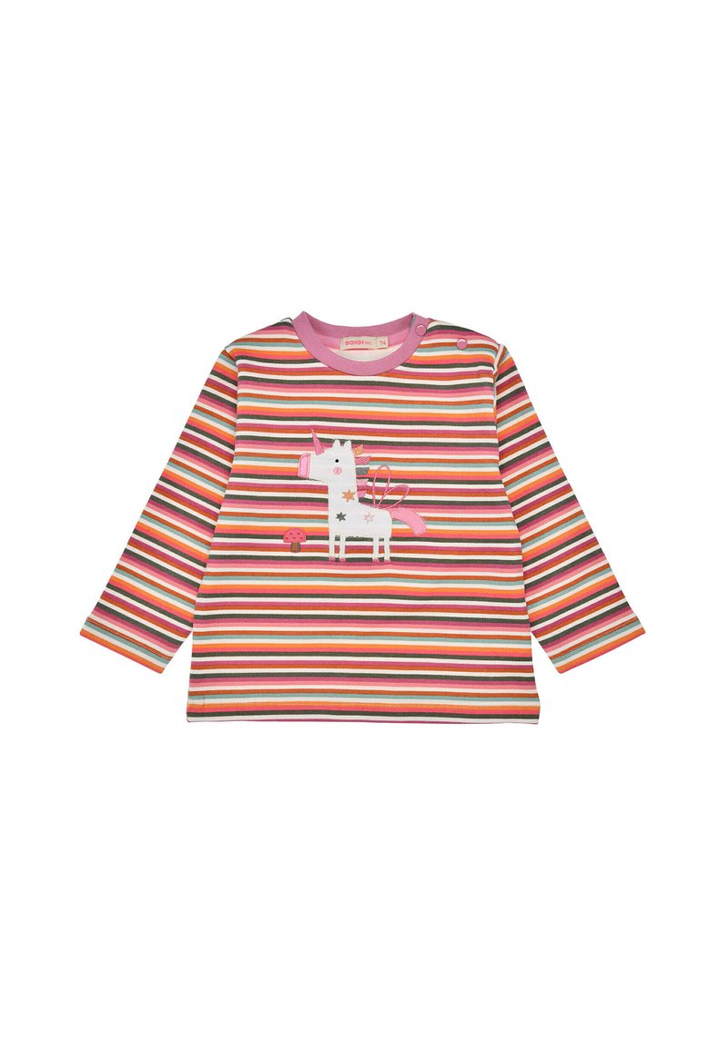 Langarmgestreiftes Hemd in Pink, Weiß, Orange und Grün. Verfügt über ein Einhornmotiv und Knopfakzente an der Schulter. Aus weichem Baumwollmaterial.