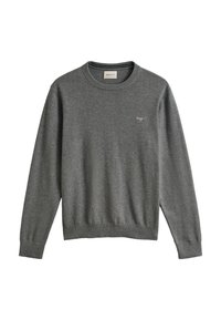 Gray crewneck sweater with long sleeves, ribbed cuffs and hem, and small embroidered logo on the left chest.