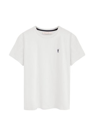 Weißes T-Shirt mit kurzen Ärmeln und Rundhalsausschnitt, mit kleinem marineblauem Polo-Spieler-Logo auf der linken Brust und "Polo Club"-Label im Krageninneren.