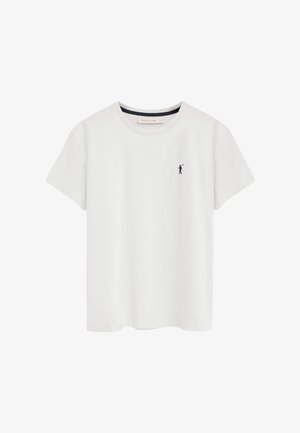 Hvid t-shirt med korte ærmer og rund hals, med lille navy polo-spillerlogo på venstre bryst og "Polo Club" mærkat inde i kraven.