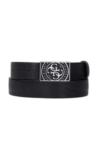 Cinturón de cuero negro con una textura suave, que presenta una hebilla metálica redonda con un logo y detalles grabados. El cinturón tiene múltiples agujeros para ajuste.