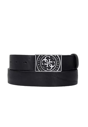 Black leather belt with a smooth texture, featuring a round metal buckle with a logo and engraved details. The belt has multiple holes for adjustment.
