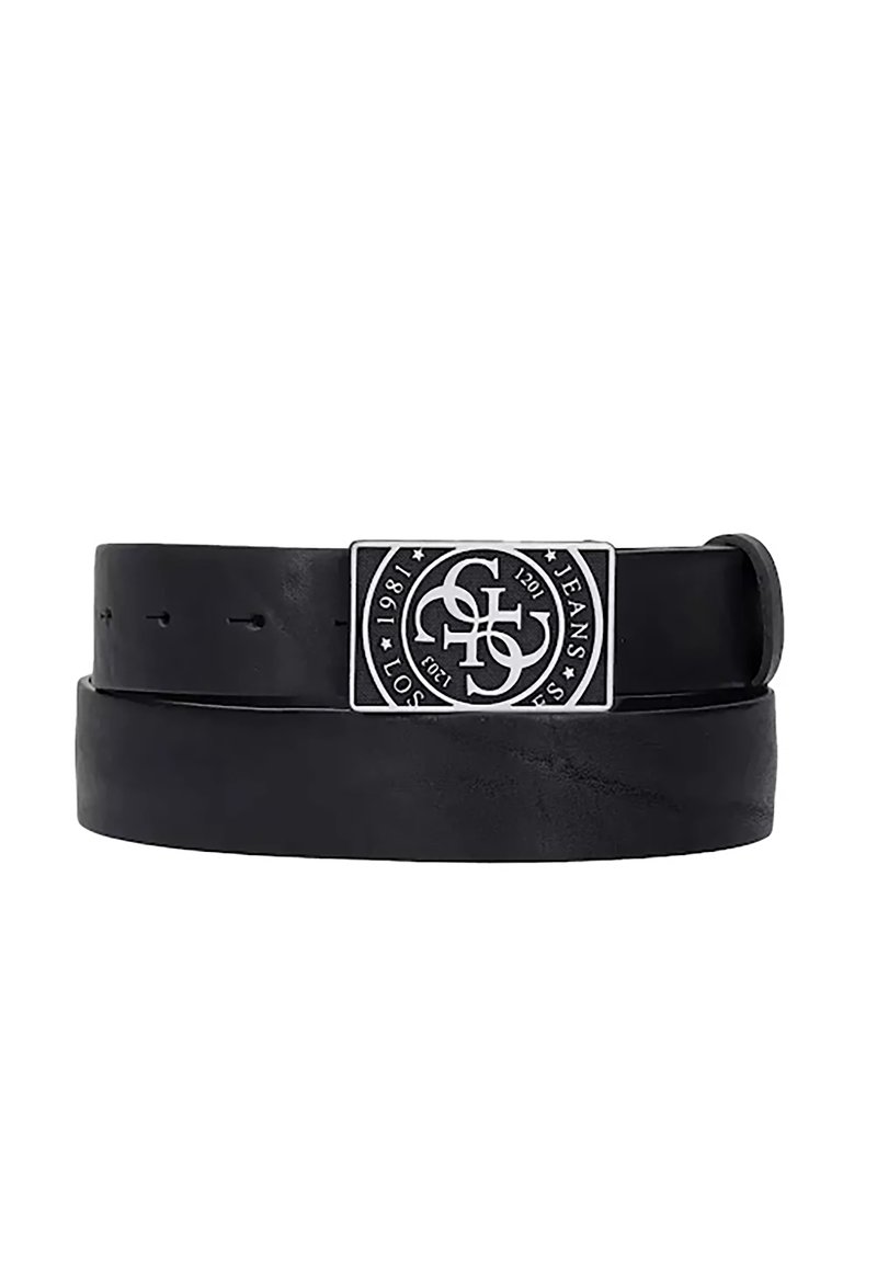 Ceinture en cuir noir avec une texture lisse, dotée d'une boucle en métal ronde avec un logo et des détails gravés. La ceinture comprend plusieurs trous pour le réglage.
