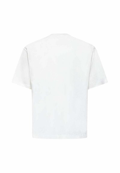 T-shirt bianco a maniche corte con collo rotondo, realizzato in tessuto morbido. Presenta una vestibilità rilassata e una texture liscia, senza motivi o accenti visibili.