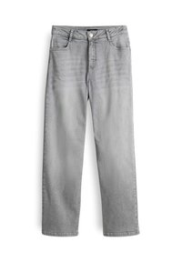 Jeans in denim grigio con vestibilità rilassata. Presentano cinque tasche, una chiusura a bottoni e una leggera sfumatura sul tessuto. Design a gamba dritta.