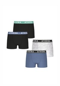 Quatre paires de boxers pour hommes : deux noirs, un bleu et un gris. Chaque boxer présente une ceinture de couleur différente avec le logo "ATHENA" en blanc.