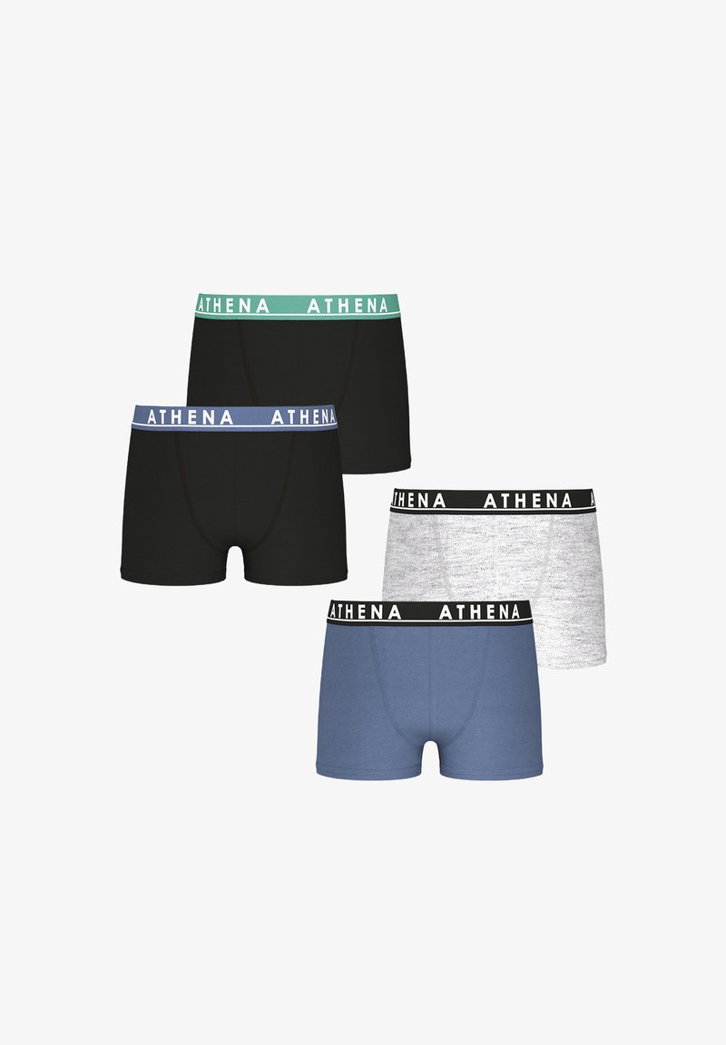 Quatre paires de boxers pour hommes : deux noirs, un bleu et un gris. Chaque boxer présente une ceinture de couleur différente avec le logo "ATHENA" en blanc.