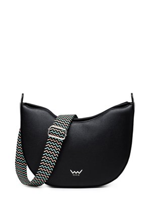 Black leather handbag with a curved silhouette, featuring a logo on the front and a short, adjustable strap. Smooth texture, minimalistic design.