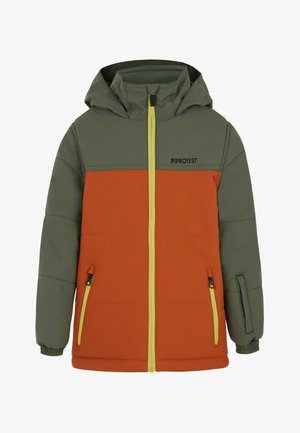 Gevoerde jas met een groene bovenkant en een oranje ondergedeelte, voorzien van gele ritsaccenten en twee zijzakken. Met capuchon ontwerp.