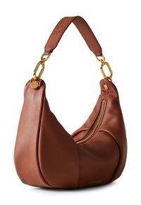 Borsa a tracolla in pelle marrone con una forma rotonda unica, dotata di una cerniera e accessori in oro, superficie testurizzata e una tracolla removibile.