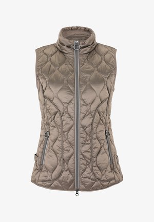 Gilet sans manches matelassé en taupe avec un col montant. Il dispose de deux poches latérales zippées et d'une fermeture éclair à l'avant, mettant en valeur un matériau texturé.
