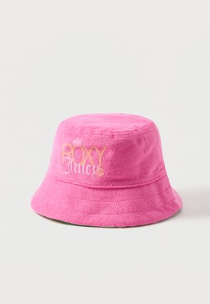 Chapeau bob en tissu éponge rose vif avec "Roxy Juicy" brodé en orange et rose clair au centre devant.