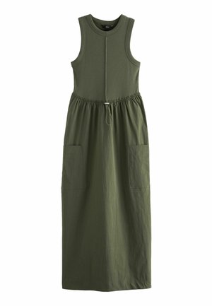 Sleeveless olive green midi dress with fitted bodice, gathered waist with adjustable drawstring, and two large front pockets.