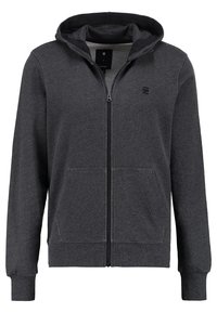 Haut à capuche zippé gris foncé avec une capuche, des poches avant et des poignets côtelés. Fabriqué en tissu doux, il présente un design minimaliste sans motifs.